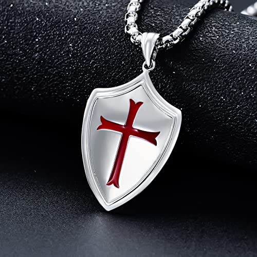 Sterling Silver Knights Templar Cross Joshua 1:9 Shield Pendant Necklace with 22+2 inch Stainless Steel Chain Men's Verse Bible Armor of God Necklace2