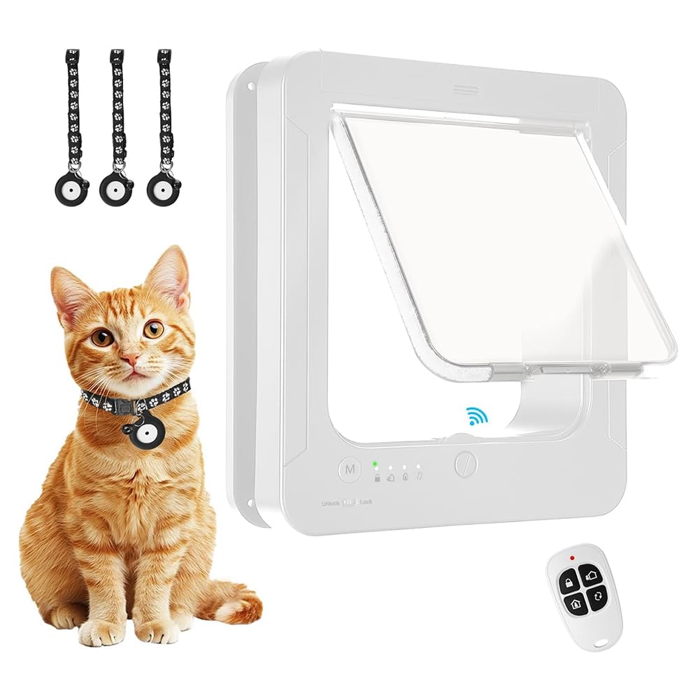 Porte pour Chat Intelligente avec Capteur à 3 Colliers, Activation par Collier RFID avec Télécommande, Verrouillage à 4 Points