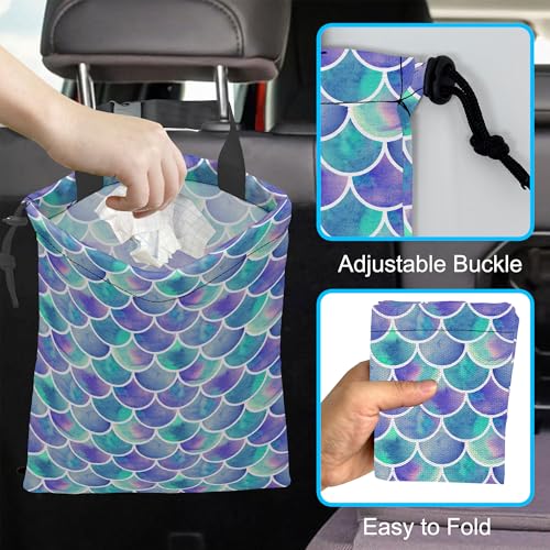 Image of Car Trash Bag Hanging Mermaid Rainbow Scales Car Trash Can Waterproof Garbage Bag Hanging for Car Back Seat