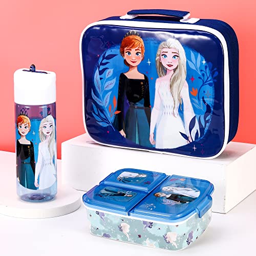 Zawadi Global Frozen Kids Childrens Lunch Box Set – Insulated Lunch Bag, Multicompartment Lunch Box & 540ml Water Bottle - School Travel Lunch Food Set, BPA Free