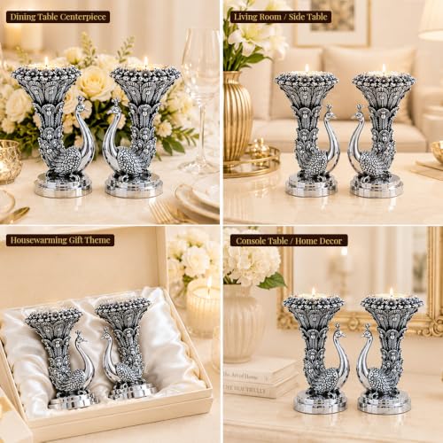 Image of Diviniti 999 Silver Plated Peacock Pair Tealight Holder|Antique Silver Finish|Premium Gift Box Included | Elegant Peacock Diya Stand|Luxury Home Decor Centerpiece|Housewarming, Festive Gift|9.5 x 8 cm