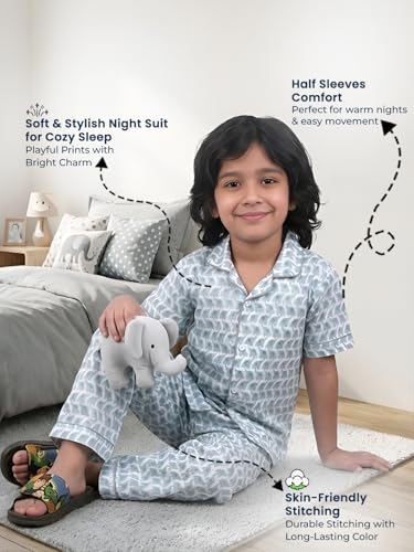 Image of POLKA TOTS 100% Pure Cotton Half Sleeve Night Suit for Kids, Girls & Boys | Cotton Pyjama Set | Unisex Night Dress for Children | Night Suit for Girls |Sleepwear for Kids | Winter Night Dress for Boys