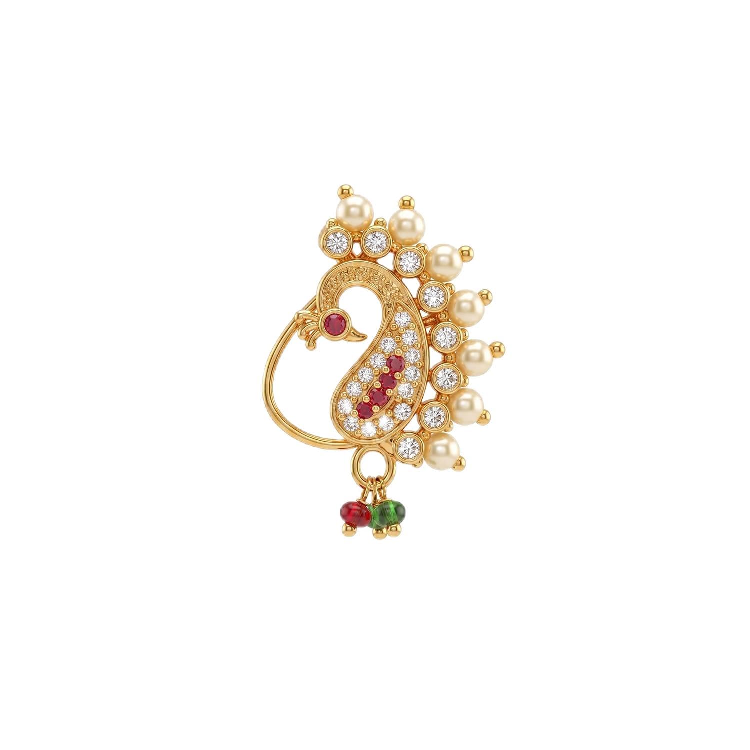 peora Gold Plated Mor Peacock Nose Ring Nath | Kundan Pearl Faux Ruby Green Stone | Maharashtrian Bridal Jewellery-picture-16