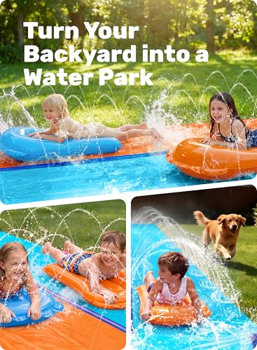 Sloosh 32,5 FT / 990,6 cm Doppel-Wasserrutsche, Rasenrutsche mit Sprinkler und 2 aufblasbaren Gleitmatten, für Garten, Hof und Rasen, Sommer-Wasserspielzeug für Kinder und Erwachsene