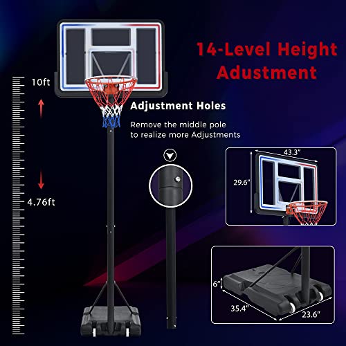 Portable Basketball Hoop Basketball System 4.76-10Ft Height Adjustment For Youth Adults Led Basketball Hoop Lights, Super Bright To Play At Night Outdoors,Good Gift For Kids (Blue&Red) #TOP7