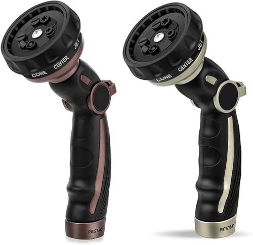 RESTMO Boquilla de manguera de jardín de metal resistente con 9 patrones de pulverización | Alta presión, montaje roscado NH de 3/4 pulgadas,