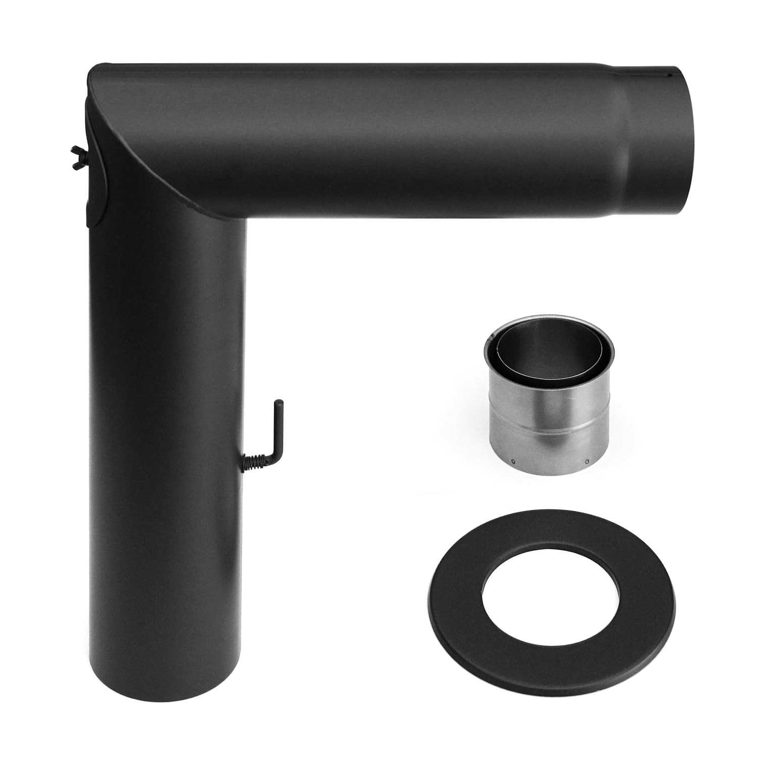 raik Rauchrohr Ofenrohr Set 150 mm zweiteilig schwarz 90 Grad Winkel integrierte Zugregulierung und Reinigungsöffnung 2 mm Stahl Senotherm Lackierung hitzebeständig bis 600 Grad