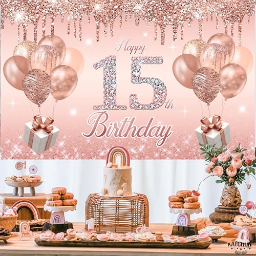 Image of 15th Birthday Decorations for Girls,Banner,Backdrop, it's my 15th Birthday Sash, Sweet Rhinestone Tiara Crown,Balloons