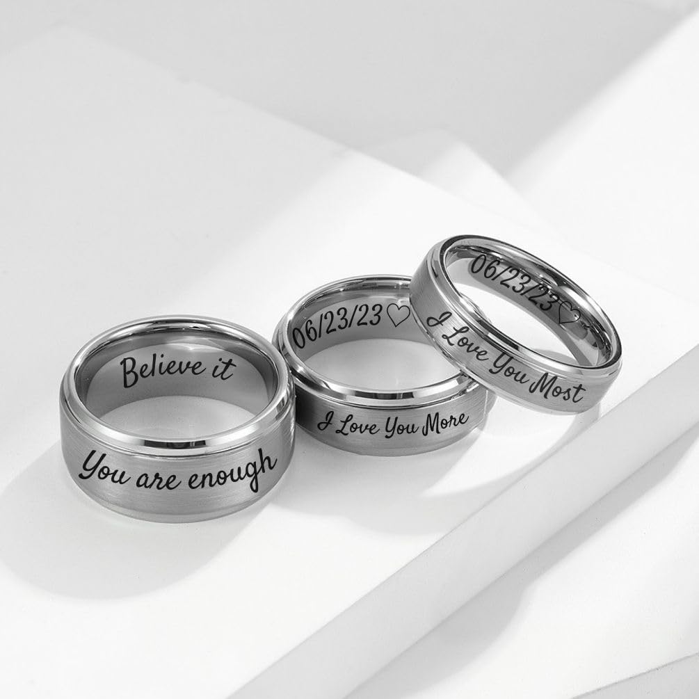 Personalized Engraved Men's and Women's Tungsten Rings - Mens Tungsten Wedding Bands, Black Tungsten Rings for Men, Tungsten Carbide Rings in Silver,Custom Available Size 7-13