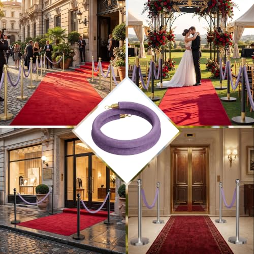 Image of 4PCS Lavender Velvet Stanchion Ropes 5 Ft Crowd Control Ropes Barrier with Gold Hooks for Party Supplies,Photobooth Accessories, Prom,Birthday,Business,Wedding, Museums(Light Purple)