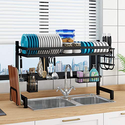 AYXC Abtropfgestell Mit 8 Haken,Geschirrständer,Deluxe Verchromter Stahl,geschirrablage Über Spülbecken-Abtropffläche,Einfach Modernes Design,multifunktionaler,Geschirrträger Cover