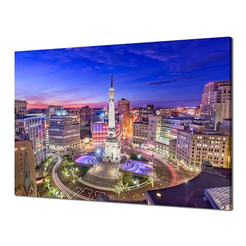 Cawpom Indianapolis City Wall Art Monument Circle Square Wall Decor Picture Canvas Print Indiana City Landmark Painting Poster Stretched Frame Office Home Living Room Bedroom Decoration(24x16 inches)
