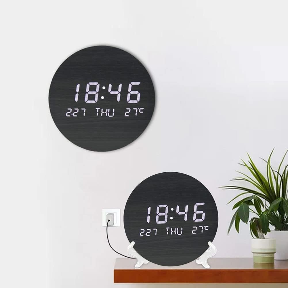 Ronde LED digitale wandklok, 22,5 cm stille moderne wandklok, weergave van tijd, datum en temperatuur, niet tikkende klok voor woonkamer en