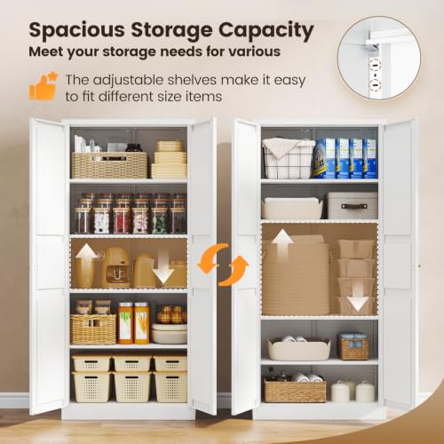 Image of Yizosh Metal Storage Cabinet - 71 inch White Kitchen Pantry with 2 Doors and 5 Adjustable Shelves, 5-Tier Tall Steel Locker for Living Room, Dining Room
