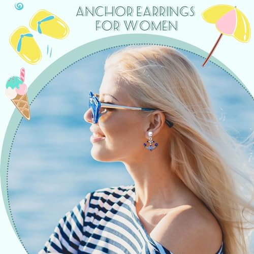 Anchor Earrings for Women Blue Rhinestone Earrings Pearl Drop Earrings Nautical Outfits for Women Rhinestone Pearl Earrings Nautical Jewelry for Women Yacht Accessories3