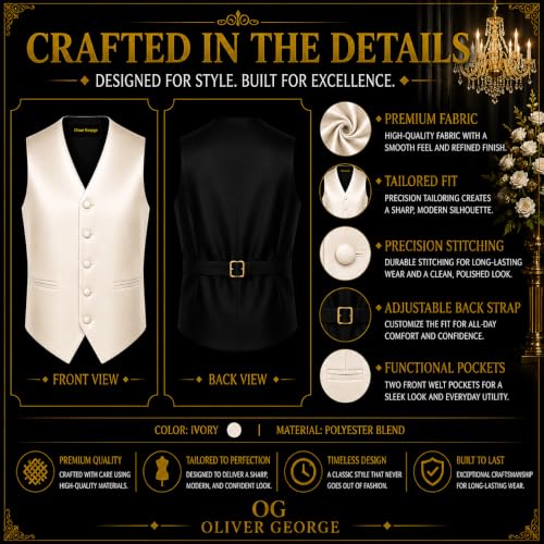 Image of Oliver George 4pc Men's Solid Formal Suit Waistcoat Tuxedo Dress Vest Necktie Bowtie Handkerchief Set for Suit or Tuxedo
