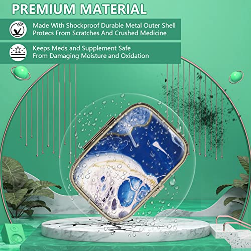 Image of Pill Organizer Pill Box with Mirror Retro Small Pill Case for Purse or Pocket Bronze Pill Box or Vitamins, Fish Oil, Supplements, Pill Containe Travel Gifts(4PCS-Marble-White-Bule)