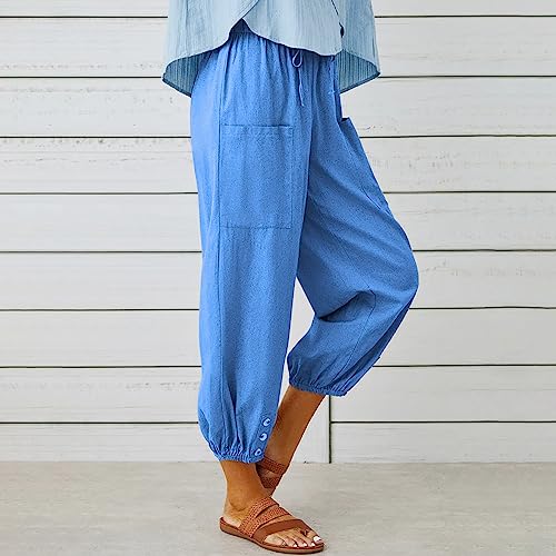 Women's Cropped Drawstring Waist Wide Leg Loose Cotton Linen Capri Pants for Women2