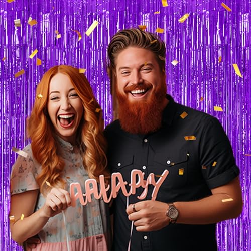 Image of DECOCKRAT 3 Pack Foil Fringe Backdrop - Purple Shiny Tinsel Curtains for Party Decoration /Photo Booth Props - 3.3x8.2 FT Metallic Foil Backdrop for Birthday, Wedding, Graduation, Christmas.