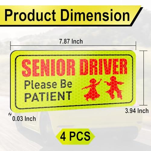 4 PCS Senior Driver Stickers, Senior Driver Car Magnet, Reflective Magnetic Safety Sign, Please Be Patient Seniors Drivers Magnet for Old People Gifts, Safe Decals for Cars Bumper, Car Accessories