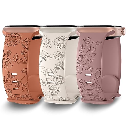 Drimobiuty 3 Pack Floral Wildflowers Engraved Pattern Silicone Bands Compatible with 38mm 40mm 41mm 42mm 44mm 45mm 49mm, Replacement Sport Strap for iWatch Series Ultra 8/7/6/5/4/3/2/1 SE Women Girls