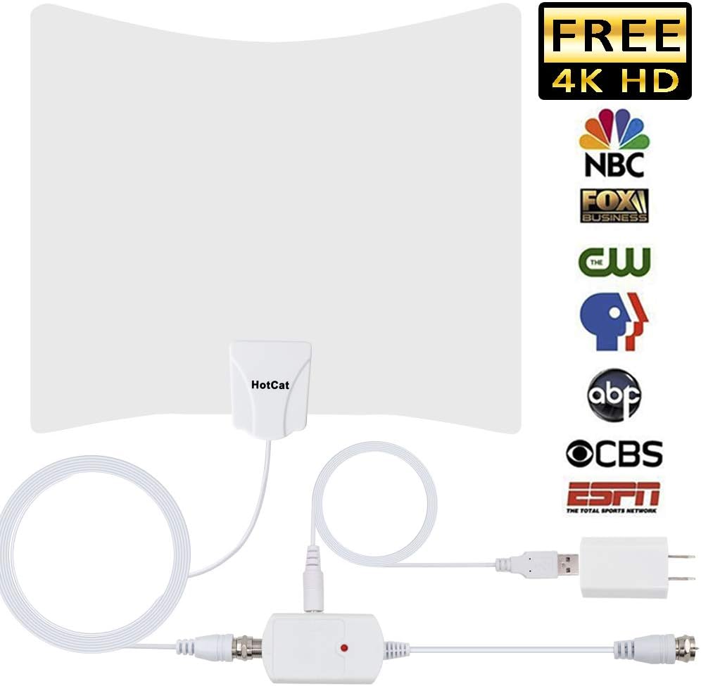 HotCat HDTV Antenna 130+ Miles Long Range Indoor Digital HDTV Antenna with 2019 Newest Detachable Amplifier Signal Booster，USB Power Supply and 16.5 Feet Highest Performance Coaxial Cable-White