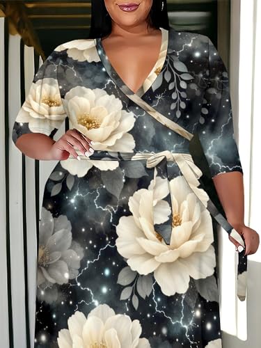 Image of SUZONANA Women's Plus Size Maxi Dresses Casual Loose Short Sleeve Long Maxi Dress with Belt Wedding