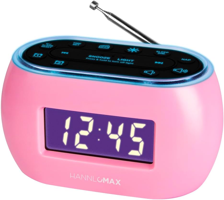 HANNLOMAX HX-161CR Portable PLL FM Radio Alarm Clock, LCD Display with Dimmer Function, 7 Colors RGB Night Light, USB Port for 1A Charging, Telescopic Antenna, AC/DC Operation only. (Pink)