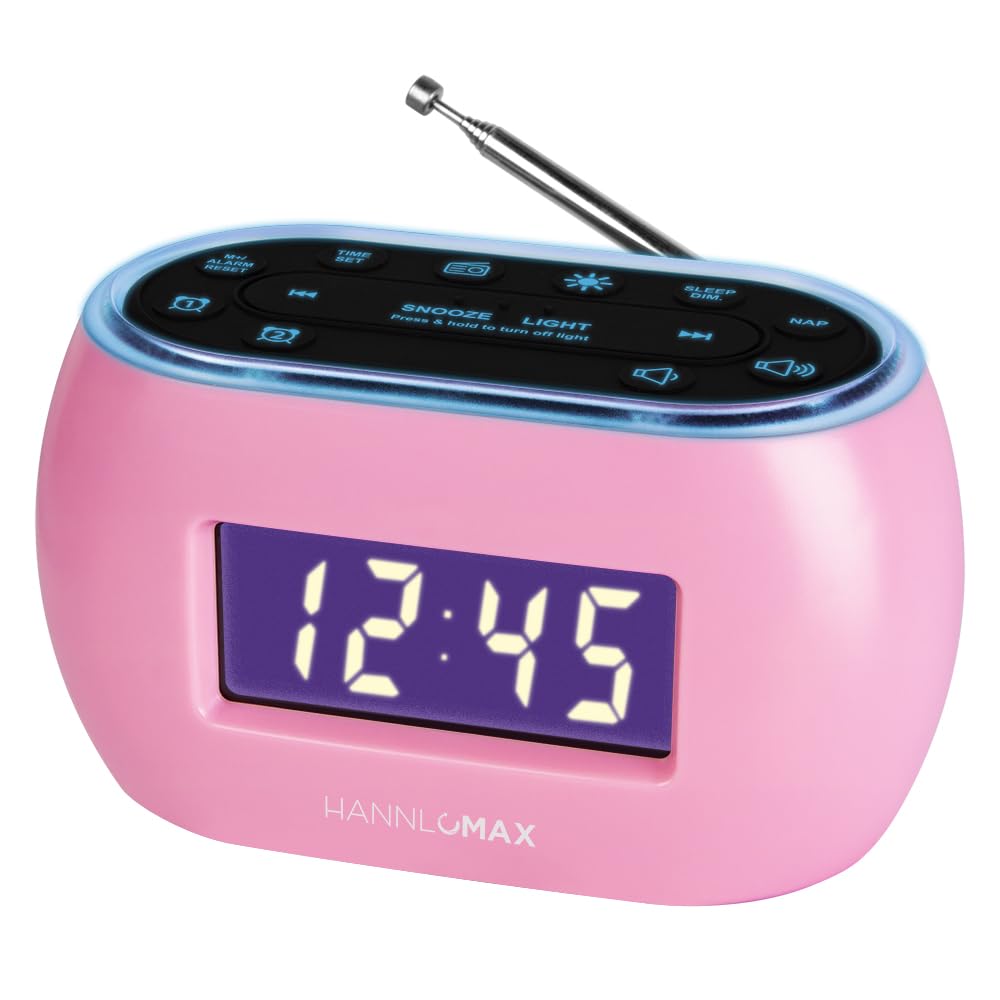 HANNLOMAX HX-161CR Portable PLL FM Radio Alarm Clock, LCD Display with Dimmer Function, 7 Colors RGB Night Light, USB Port for 1A Charging, Telescopic Antenna, AC/DC Operation only. (Pink)