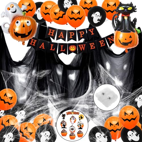 Halloween Decoracion Casa 2023 , Halloween Decoración de Fiesta de Miedo Set, Globos Halloween, Murciélago Gigante, Happy Halloween Bandera, Calabaza Fantasma, Tela De Araña, Paño Negro Espeluznante