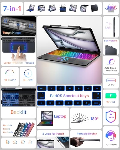 Image of typecase Keyboard Case for iPad Air 13-inch, Trackpad, 360 Rotating | For iPad Air 13 inch M4 /M3 /M2, 11‑Color Backlit Keys, Pencil Holder, 7 Modes, Space Gray, for Work, School, Travel, Drawing