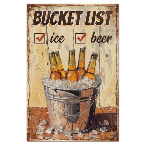 Image of GLOBLELAND Vintage Bucket List Metal Tin Sign 8×12inch Retro Beer Funny Tin Room Door Sign Cave Signs Art Plaque Poster Wall Decor for Home Bars Cafe Pubs Club Decoration