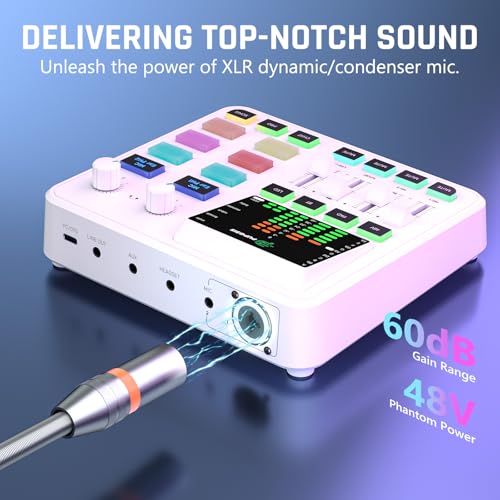 Image of PUPGSIS Gaming Audio Mixer, Audio Interface for PC /Podcast /Streaming, Sound Board with 3.5mm /XLR Mic Input, 48V Phantom Power, Voice Changer, Live Sound Card with DJ Mixer Effects /Bluetooth(White)