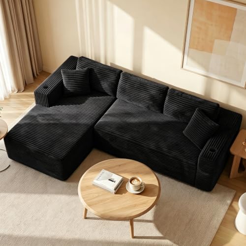 Image of 103 inch Modular Boneless Couches,Sectional Sofa for Living Room with 2 Cup Holders,Memory Foam Cloud Couch with L Shaped Oversized Chaise,No Assembly Needed Plush Corduroy Sofa,Black