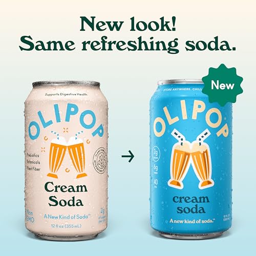 Image of OLIPOP Prebiotic Soda Pop, Cream Soda, Pantry Pack Packed with Prebiotics, Fiber, and Botanicals, Gluten Free, GMO Free, 12oz (12-Cans) (Packaging May Vary)
