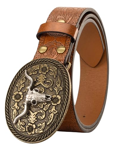 Image of Western Cowboy-Belts for Women Big-Buckle Longhorn-Bull PU-Leather Rodeo Cowgirl-Belt Engraved Floral - Waist 25-38 inch