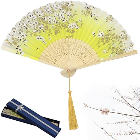 Grantop Folding Hand Fans, Handheld Folding Fan for Women, Chinese Vintage Style Handheld Silk Folding Fan for Birthday Wedding Party Decoration (Pink-Peachblossom)