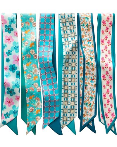 ZXZH 6 Pack Fashion Scarves for Women Versatile Boho Head Scarf Satin Scarf for Hair Neck Wrist and Purse Accessories (Teal)