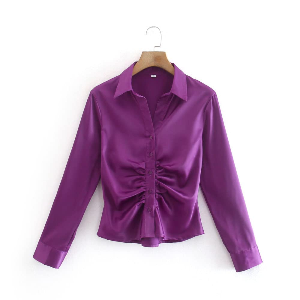 Blusa Donna,Camicette Estive Attillate A Pieghe con Risvolto A Tinta Unita Viola Vintage da Donna Manica Lunga Chic Elegante Casual Top alla Moda Camicia da Ufficio Allentata