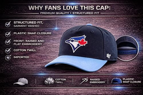 47 Toronto Blue Jays Adjustable Hat β MLB Baseball Cap, Hitch Style, Structured Fit, Curved Brim, One Size (Navy/Blue) - 5