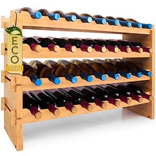 SereneLife Bamboo Stackable Wine Rack, 4-Tier 36 Bottle Capacity Wine Racks Free Standing Floor, No Tools Assembly, Modular Storage Display Shelf for Kitchen and Cellar 33.5″ x 10″ x 21″