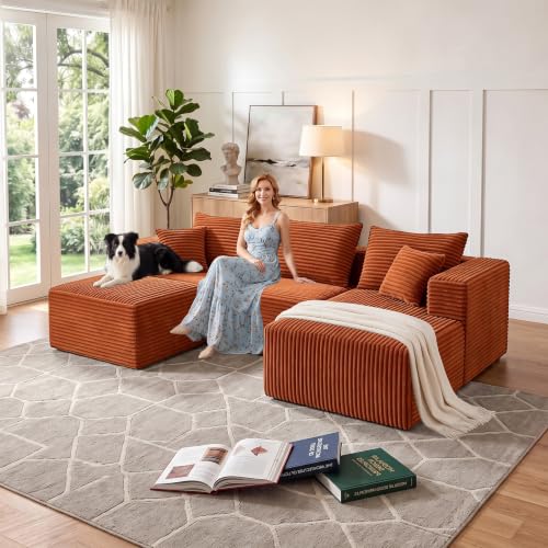 Image of 93 inch U-Shaped Boneless Couch, Corduroy Cloud Couch Sectional with Chaise and Ottoman, Deep Seat Modular Sectional Sofas for Living Room, No Assembly - Orange (Right Facing Chaise)