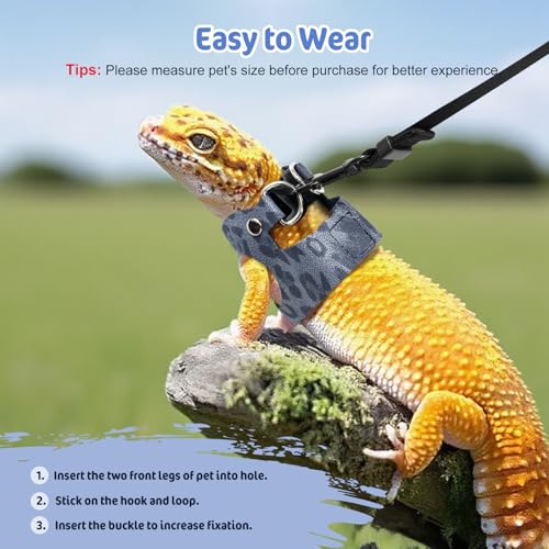 Pawaboo Haustiergeschirr, 3 Leder Bearded Dragon Eidechse Geschirr Hängematte Set Verstellbare Outdoor Harness Leine für Kleine Haustiere Eidechse Reptilien, Leopard Staubblau