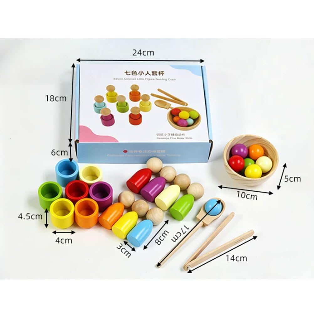 Montessori Holzbogen-Puppen & Farb-Sortierbecher Spielzeug | Farblich passende Holzperlen mit Zange & Löffel, Lernspielzeug für Feinmotorik, Farbenerkennungs-Spiel