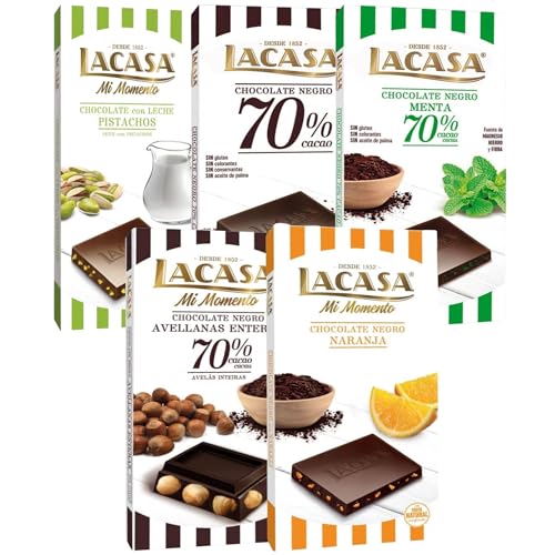 Pack Lacasa 5 deliciosas tabletas de chocolate de distintos sabores y tamaños: naranja ,leche pistacho 90g ,negro , menta , avellana 200g