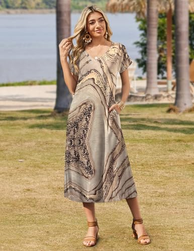 Image of Zeagoo Women Summer Floral Dress Short Sleeve Beach Dress with Pockets Casual V-Neck Split Long T-Shirt Dress Travel Vacation