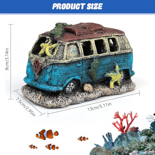 Image of Qpets Fish Tank Accessories, Aquarium Decorative Items, Vintage Resin Old Bus with Hiding Cave Engraving Seaweed and Starfish for Fish /Shrimp /Betta Fish (13x7.5x8CM)