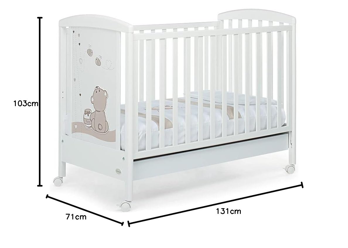 Foppapedretti Lettino con Sponda Regolabile Golosone, Legno di Faggio, Made in Italy, Rete a Doghe di Faggio, Ampio Cassetto, Regolabile a Doppia Altezza, 4 ruote, 131x71x103 cm, Bianco
