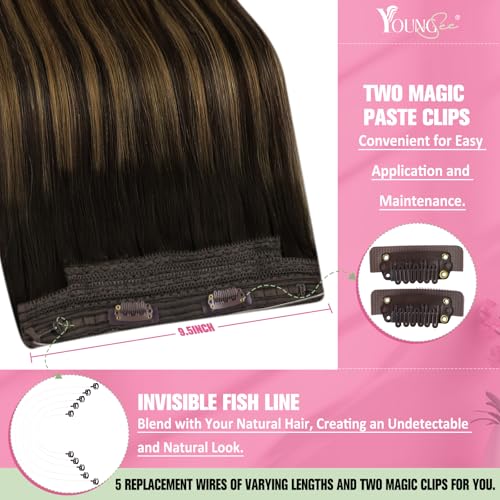 Image of YoungSee Wire Human Hair Extensions Dark Brown, Invisible Wire Hair Extensions Human Hair, Darkest Brown with Medium Balayage, Adjustable Fish Line Hair Extension with Clips, 16 Inch 85g Straight Hair