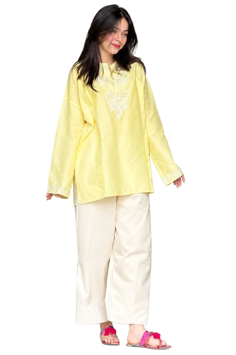 Cotton Blend Embroidered Straight Short Kurti for Women | Cotton Blend Lime | Full Sleeve | Round Neck V-Slit | Ethnic Wear Casual Wear-image-17